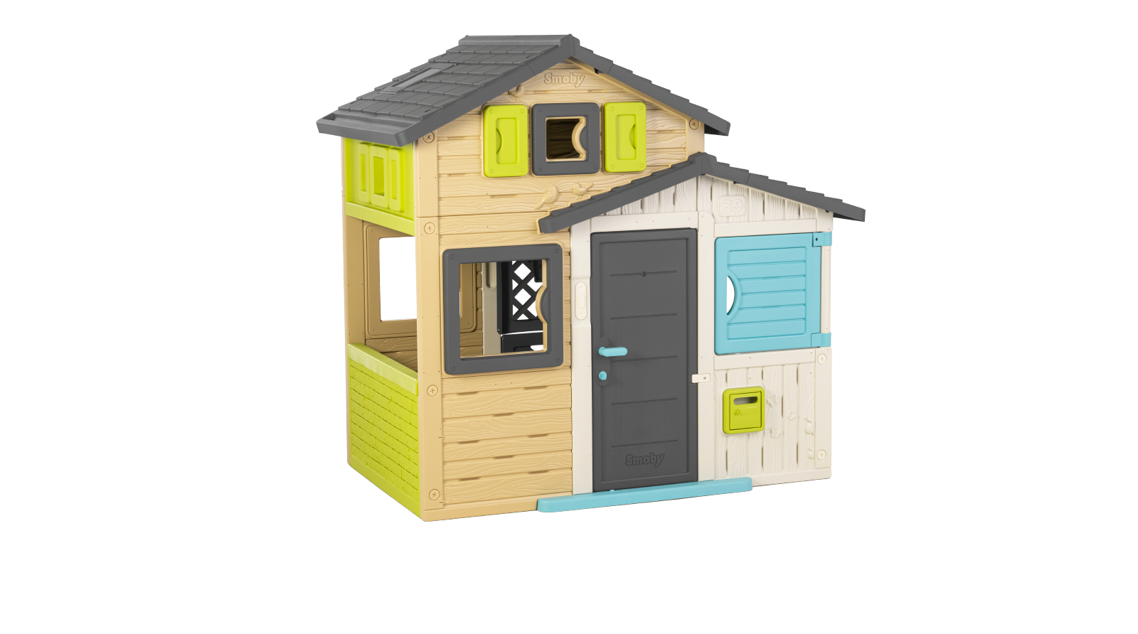 Kućica Prijatelja elegantnih boja Friends House Evo Playhouse Smoby s nadogradnjom 2 vrata s ključem 6 prozora s UV filterom 162 cm visina